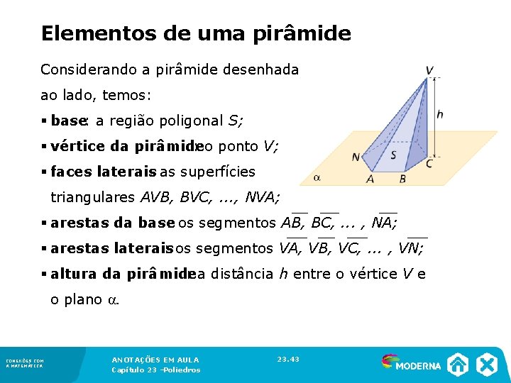 Elementos de uma pirâmide Considerando a pirâmide desenhada ao lado, temos: § base: a