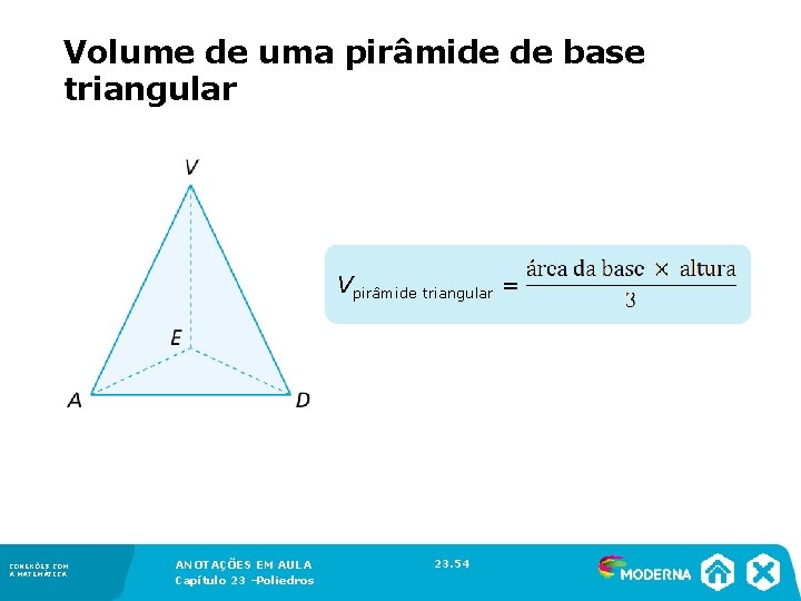Volume de uma pirâmide de base triangular Vpirâmide triangular = CONEXÕES COM A MATEMÁTICA