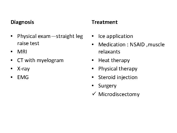 Diagnosis Treatment • Physical exam—straight leg raise test • MRI • CT with myelogram