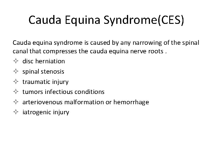 Cauda Equina Syndrome(CES) Cauda equina syndrome is caused by any narrowing of the spinal