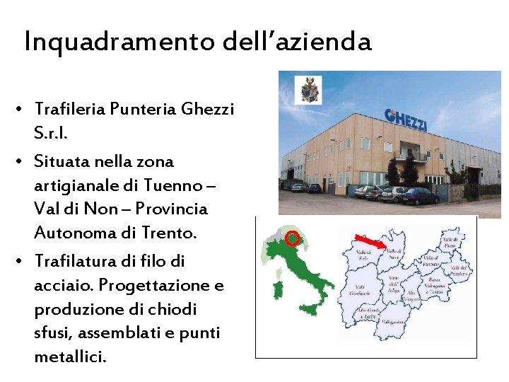 Inquadramento dell’azienda • Trafileria Punteria Ghezzi S. r. l. • Situata nella zona artigianale Inquadramento dell’azienda • Trafileria Punteria Ghezzi S. r. l. • Situata nella zona artigianale