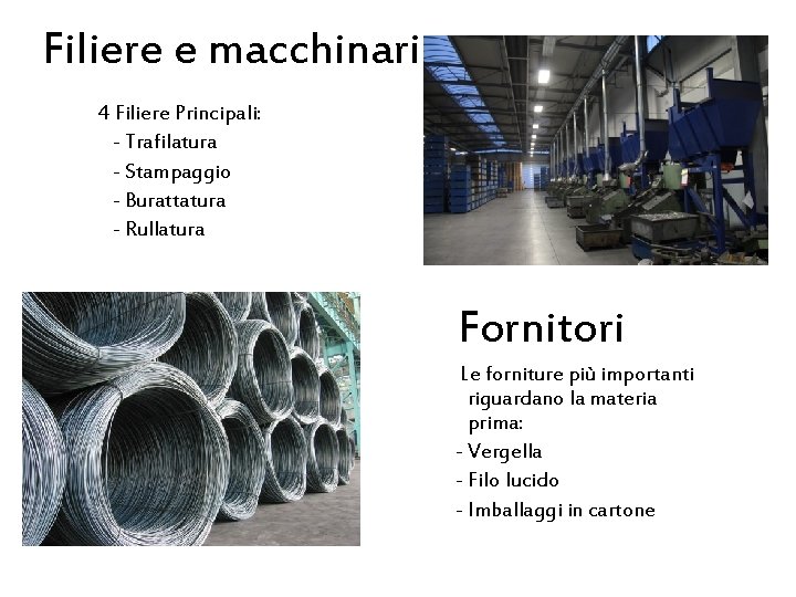 Filiere e macchinari 4 Filiere Principali: - Trafilatura - Stampaggio - Burattatura - Rullatura Filiere e macchinari 4 Filiere Principali: - Trafilatura - Stampaggio - Burattatura - Rullatura