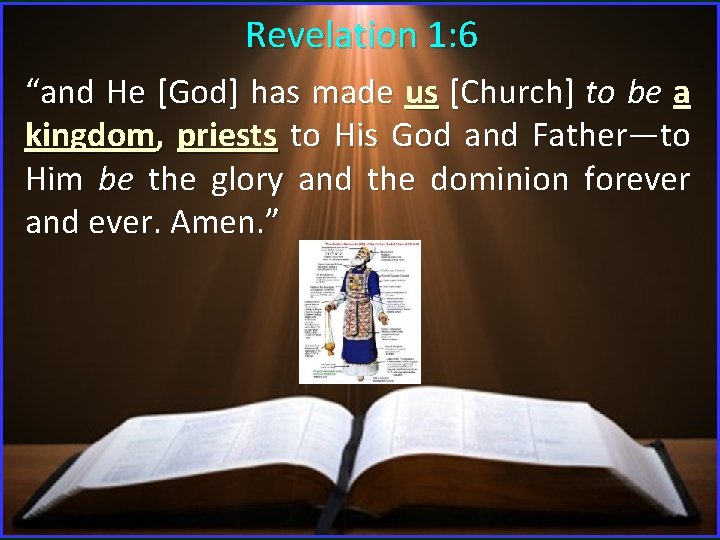 Revelation 1: 6 “and He [God] has made us [Church] to be a kingdom,