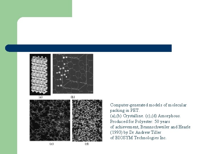 Computer-generated models of molecular packing in PET. (a), (b) Crystalline. (c), (d) Amorphous. Produced