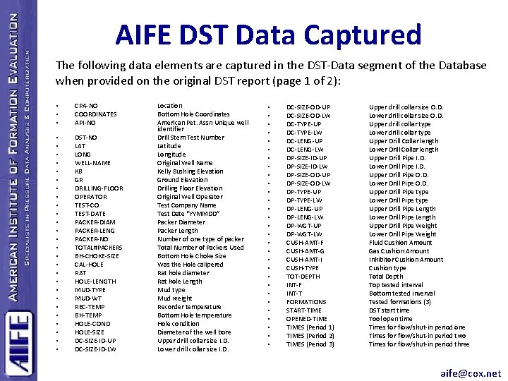 AIFE DST Data Captured The following data elements are captured in the DST-Data segment