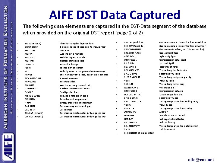 AIFE DST Data Captured The following data elements are captured in the DST-Data segment