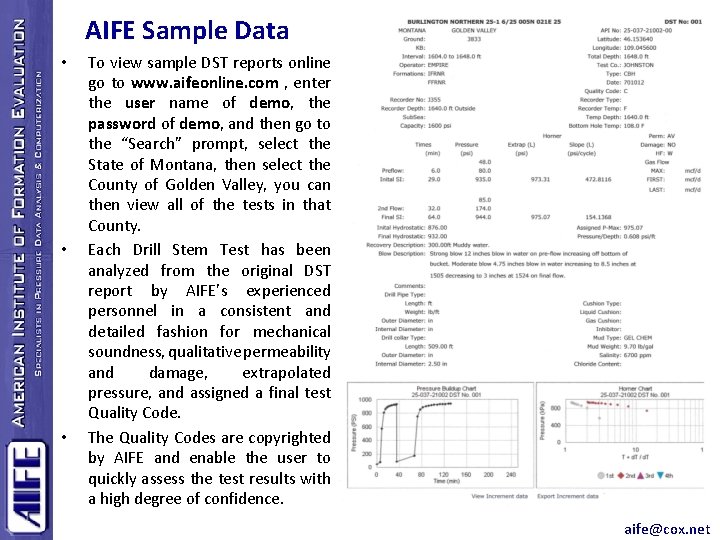 AIFE Sample Data • • • To view sample DST reports online go to