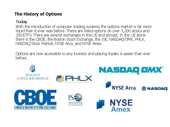 The History of Options Today With the introduction of computer trading systems the options The History of Options Today With the introduction of computer trading systems the options