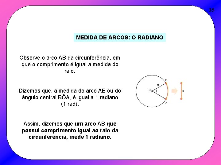 35 MEDIDA DE ARCOS: O RADIANO Observe o arco AB da circunferência, em que