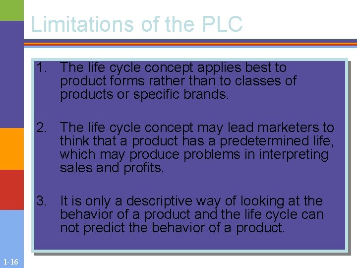 Limitations of the PLC 1. The life cycle concept applies best to product forms