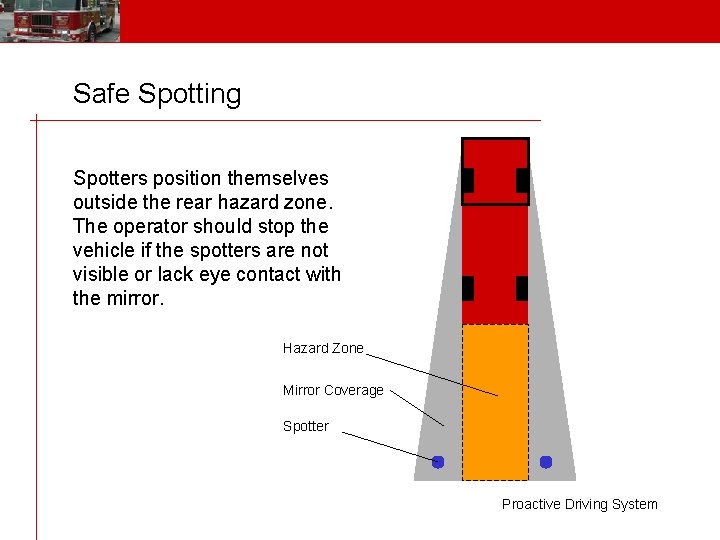 Safe Spotting Spotters position themselves outside the rear hazard zone. The operator should stop