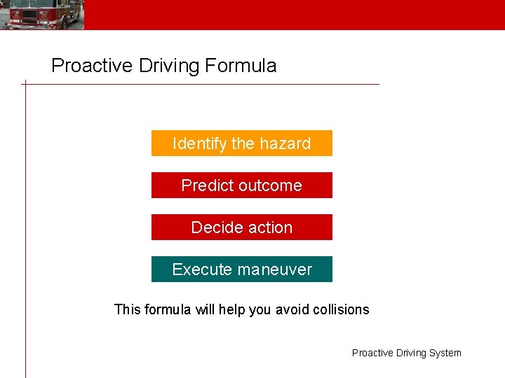 Proactive Driving Formula Identify the hazard Predict outcome Decide action Execute maneuver This formula