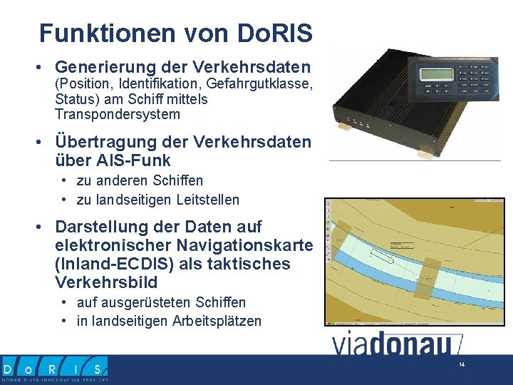 Funktionen von Do. RIS • Generierung der Verkehrsdaten (Position, Identifikation, Gefahrgutklasse, Status) am Schiff