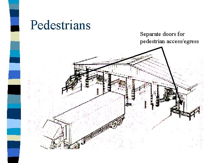 Pedestrians Separate doors for pedestrian access/egress Vision panel 