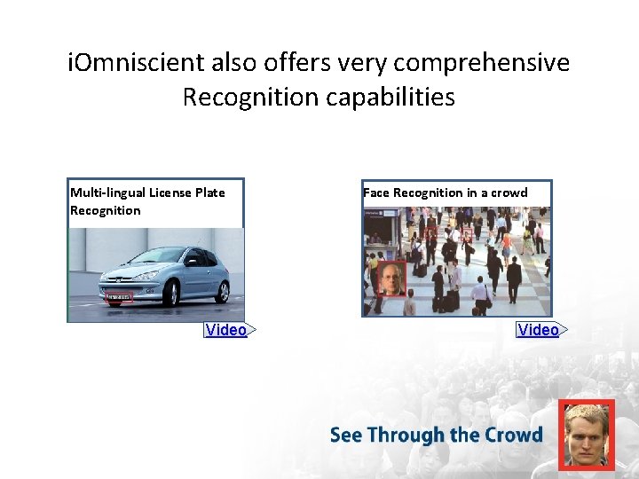 i. Omniscient also offers very comprehensive Recognition capabilities Multi-lingual License Plate Recognition Video Face