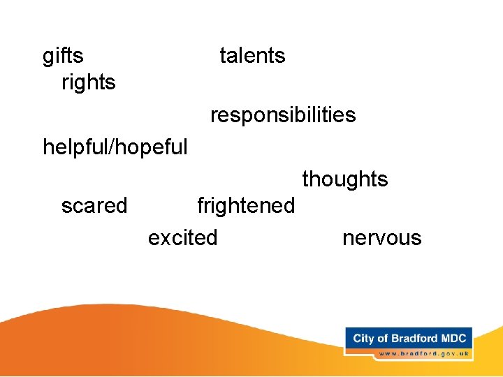 gifts talents Key vocabulary – Years 3 and rights responsibilities helpful/hopeful thoughts scared frightened