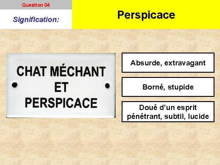 Question 04 Signification: Perspicace Absurde, extravagant Borné, stupide Doué d’un esprit pénétrant, subtil, lucide