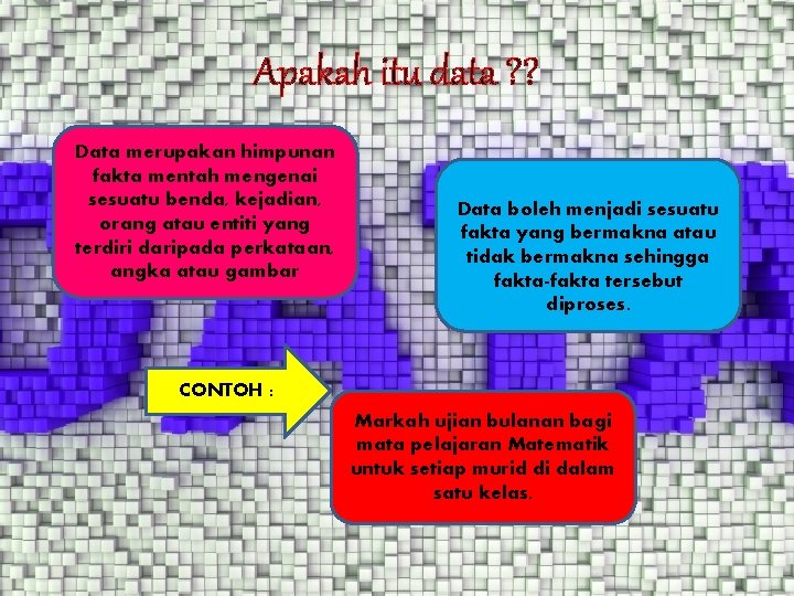 Apakah itu data ? ? Data merupakan himpunan fakta mentah mengenai sesuatu benda, kejadian,