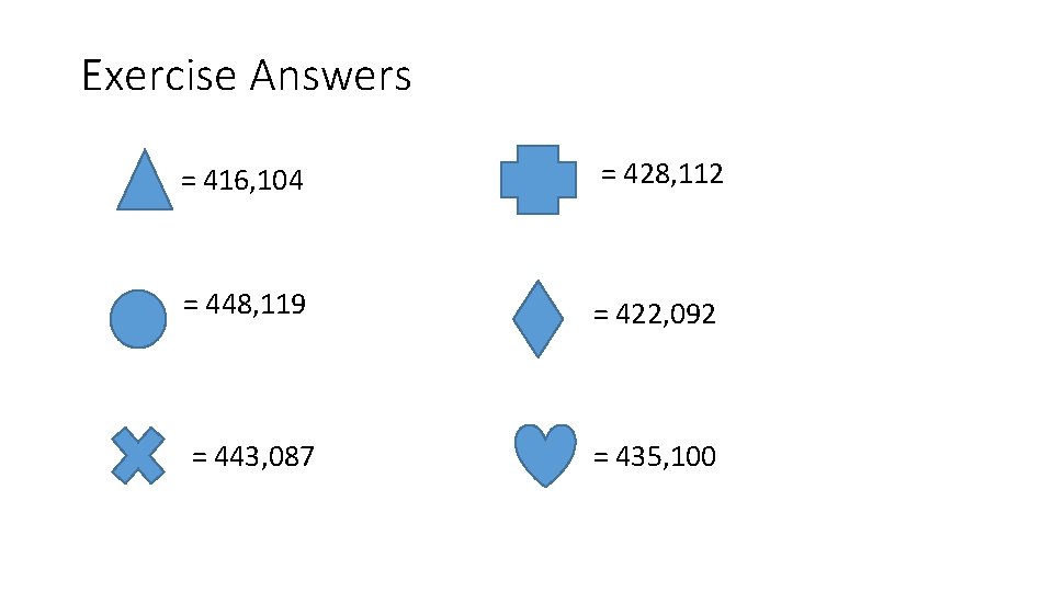 Exercise Answers = 416, 104 = 428, 112 = 448, 119 = 422, 092