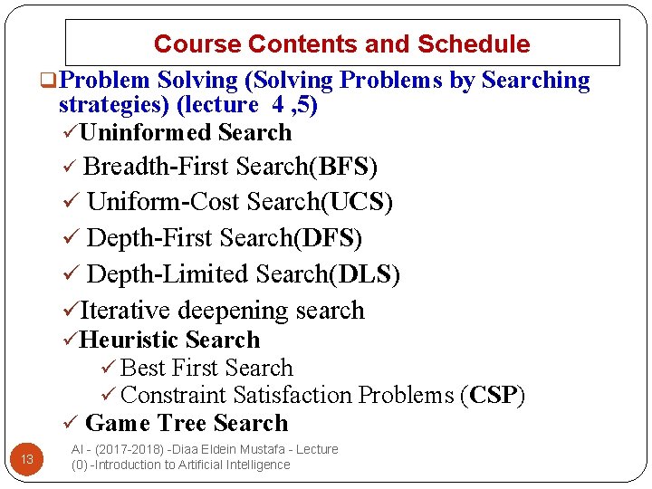 Course Contents and Schedule q. Problem Solving (Solving Problems by Searching strategies) (lecture 4