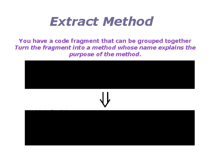Extract Method You have a code fragment that can be grouped together Turn the