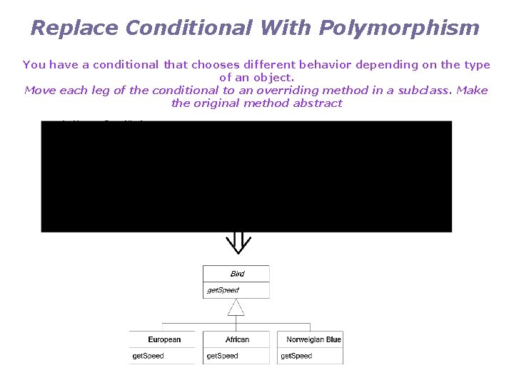 Replace Conditional With Polymorphism You have a conditional that chooses different behavior depending on