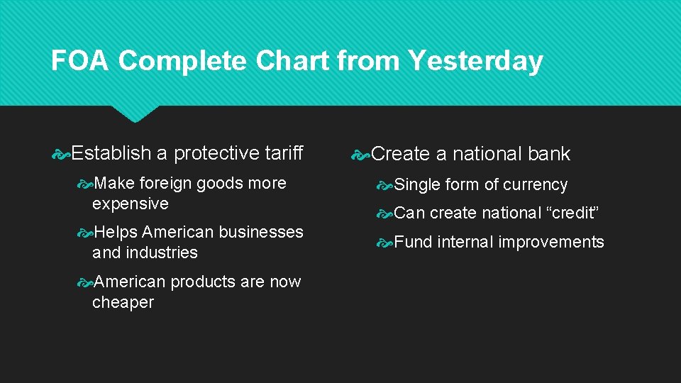 FOA Complete Chart from Yesterday Establish a protective tariff Make foreign goods more expensive