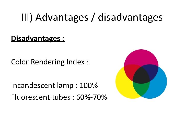 III) Advantages / disadvantages Disadvantages : Color Rendering Index : Incandescent lamp : 100%