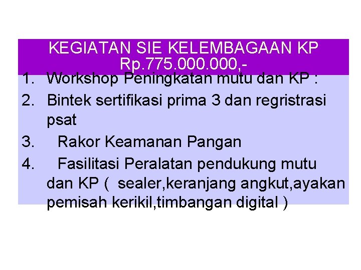 1. 2. 3. 4. KEGIATAN SIE KELEMBAGAAN KP Rp. 775. 000, Workshop Peningkatan mutu