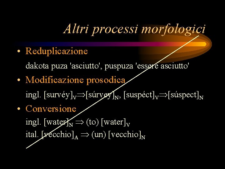 Altri processi morfologici • Reduplicazione dakota puza 'asciutto', puspuza 'essere asciutto' • Modificazione prosodica