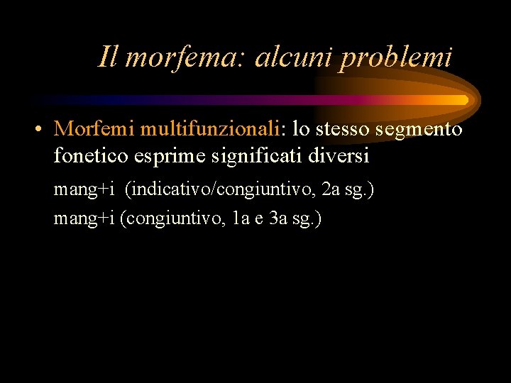 Il morfema: alcuni problemi • Morfemi multifunzionali: lo stesso segmento fonetico esprime significati diversi
