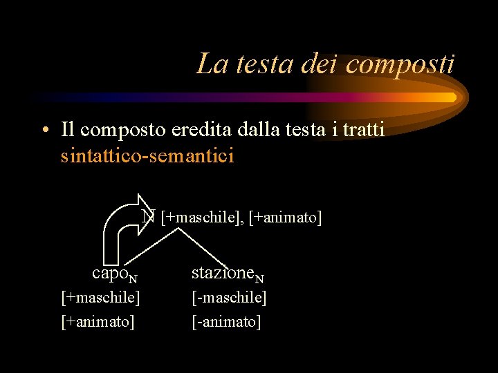 La testa dei composti • Il composto eredita dalla testa i tratti sintattico-semantici N