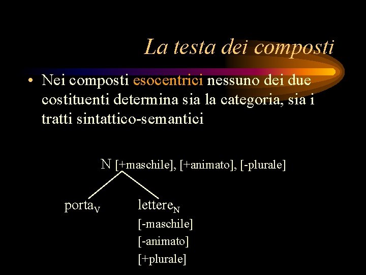 La testa dei composti • Nei composti esocentrici nessuno dei due costituenti determina sia