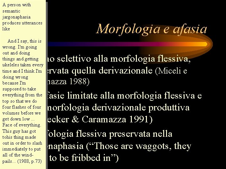 A person with semantic jargonaphasia produces utterances like And I say, this is wrong.