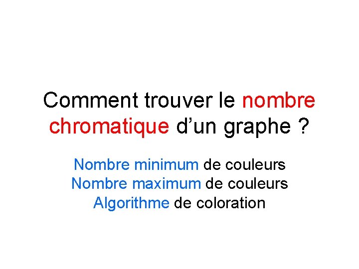 Comment trouver le nombre chromatique d’un graphe ? Nombre minimum de couleurs Nombre maximum