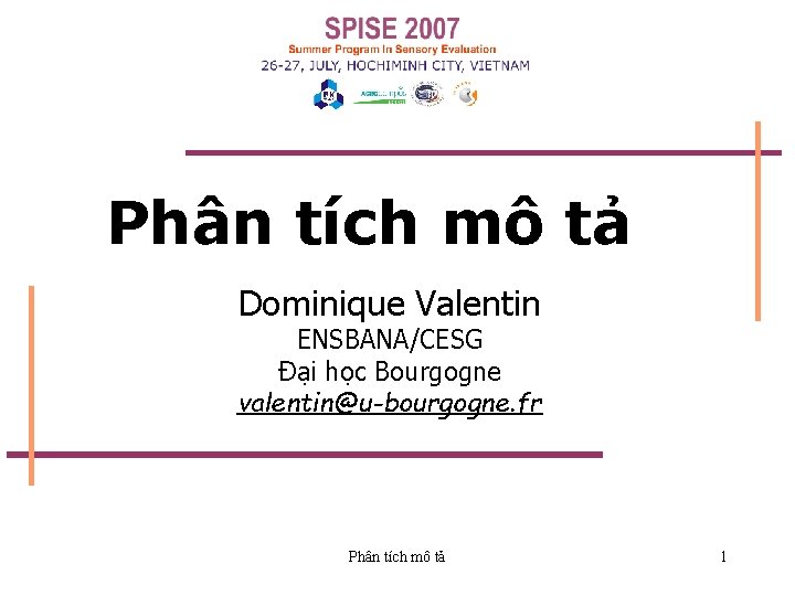 Phân tích mô tả Dominique Valentin ENSBANA/CESG Đại học Bourgogne valentin@u-bourgogne. fr Phân tích