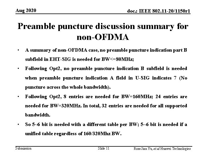 Aug 2020 doc. : IEEE 802. 11 -20/1150 r 1 Preamble puncture discussion summary