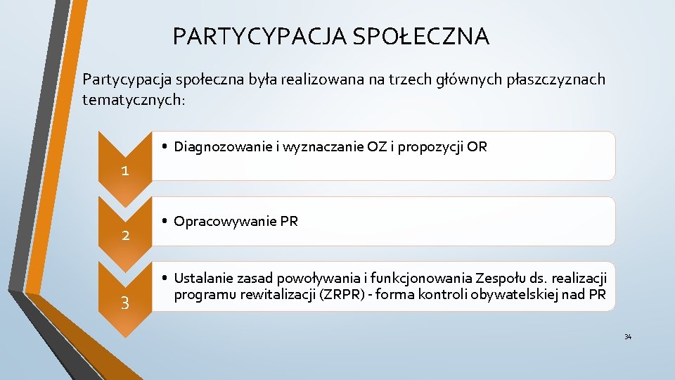 PARTYCYPACJA SPOŁECZNA Partycypacja społeczna była realizowana na trzech głównych płaszczyznach tematycznych: • Diagnozowanie i