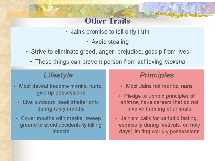Other Traits • Jains promise to tell only truth • Avoid stealing • Strive