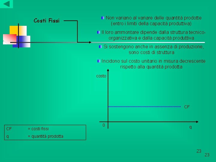 Non variano al variare delle quantità prodotte (entro i limiti della capacità produttiva) Costi Non variano al variare delle quantità prodotte (entro i limiti della capacità produttiva) Costi