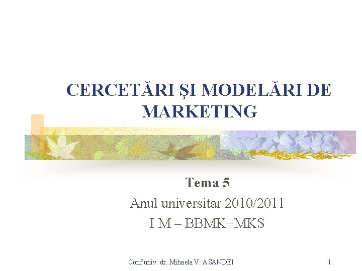 CERCETĂRI ŞI MODELĂRI DE MARKETING Tema 5 Anul universitar 2010/2011 I M – BBMK+MKS