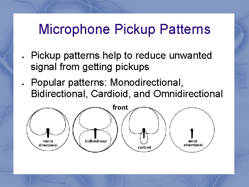 Microphone Pickup Patterns Pickup patterns help to reduce unwanted signal from getting pickups Popular