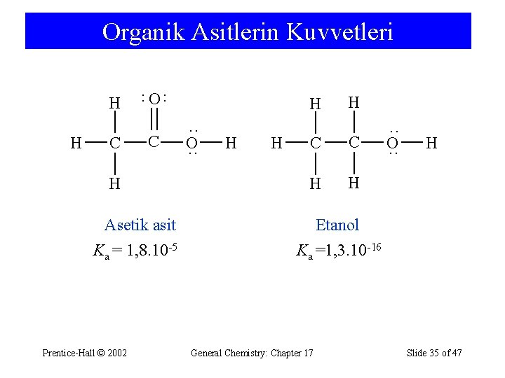 Organik Asitlerin Kuvvetleri H C O ·· ·· H C H Asetik asit Ka