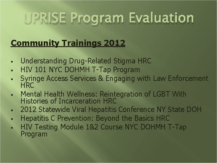 UPRISE Program Evaluation Community Trainings 2012 § § § § Understanding Drug-Related Stigma HRC