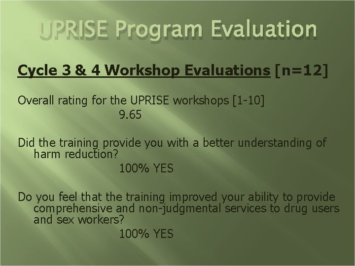 UPRISE Program Evaluation Cycle 3 & 4 Workshop Evaluations [n=12] Overall rating for the