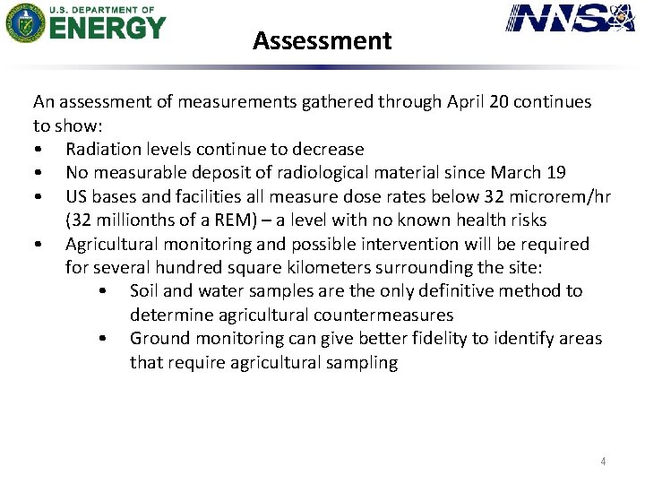 Assessment An assessment of measurements gathered through April 20 continues to show: • Radiation