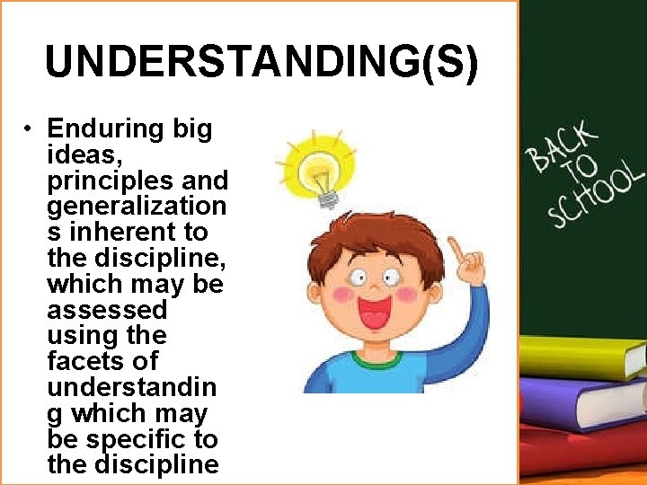 UNDERSTANDING(S) • Enduring big ideas, principles and generalization s inherent to the discipline, which