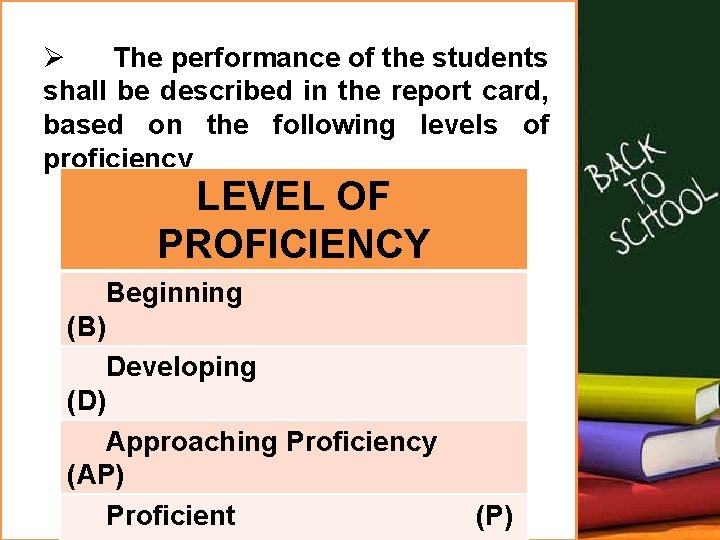 Ø The performance of the students shall be described in the report card, based