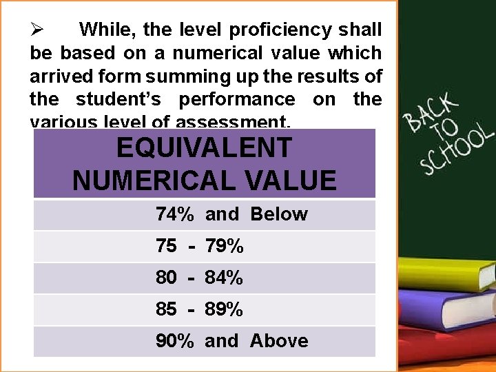 Ø While, the level proficiency shall be based on a numerical value which arrived