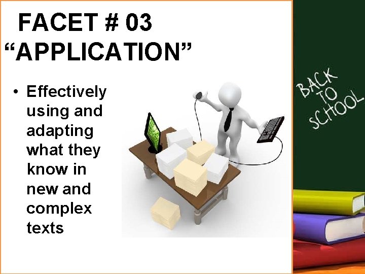  FACET # 03 “APPLICATION” • Effectively using and adapting what they know in